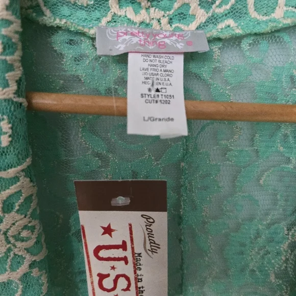 Pretty Young Thing Women's L Green Floral Open Front Lacey Cardigan USA Made - Picture 4 of 10